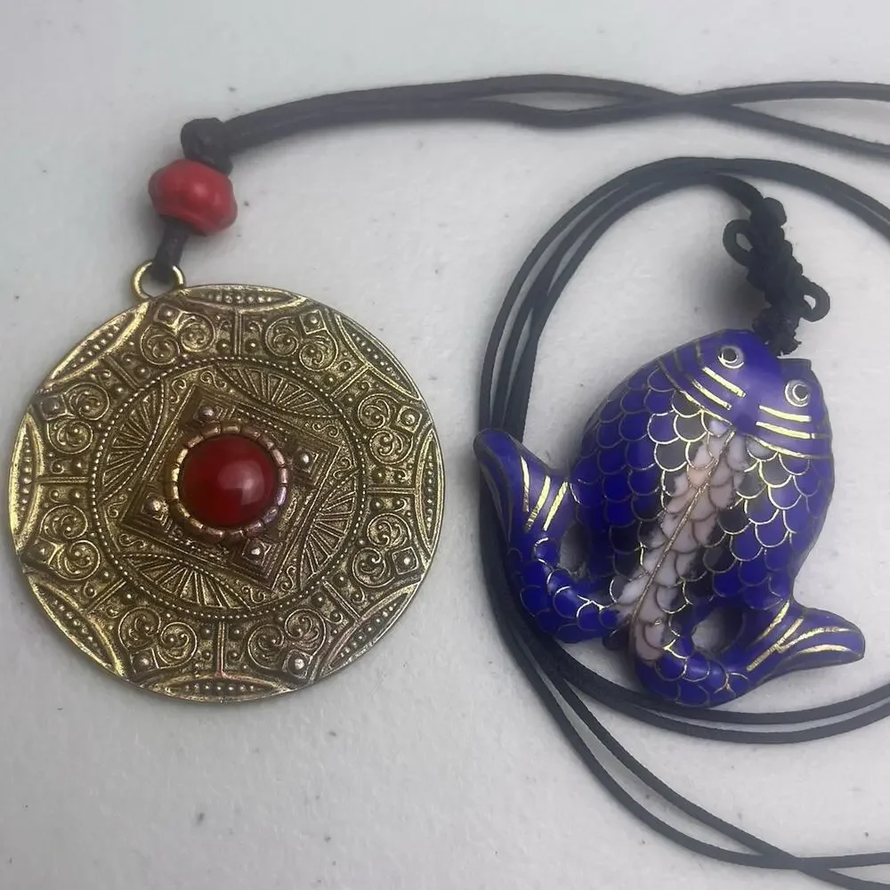 Cloisonne Twin Fish Pendant Medallion Red Stone Blue Gold Enamel Tribal Necklace
